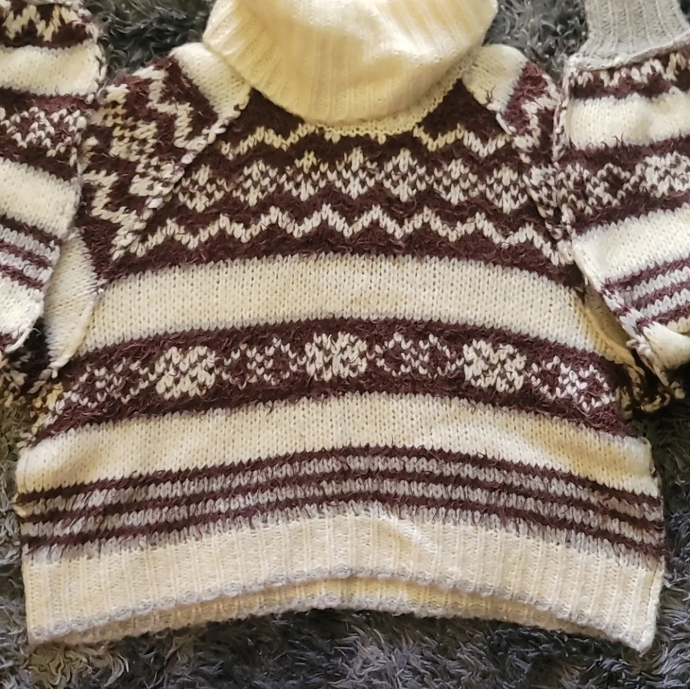 FREE PEOPLE Check Me Out Brown and Cream Turtleneck Cropped Sweater NWT M